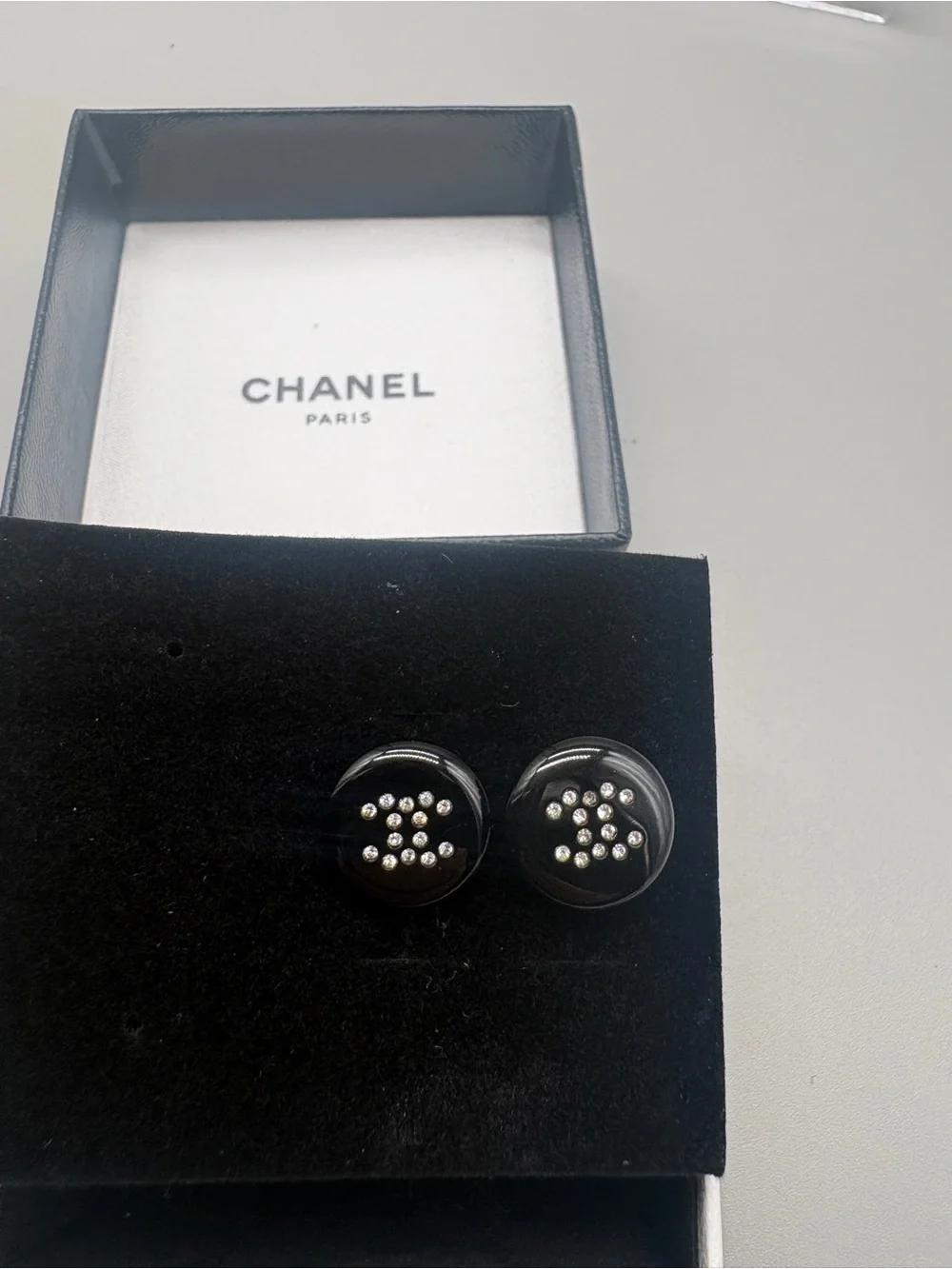 Chanel Black Resin Rhinestone CC Round Stud Earrings with Box